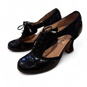 Anyi Lu Handmade Italy Black Patent Suede Lace-Up Oxford Block Heel Brogue Pump